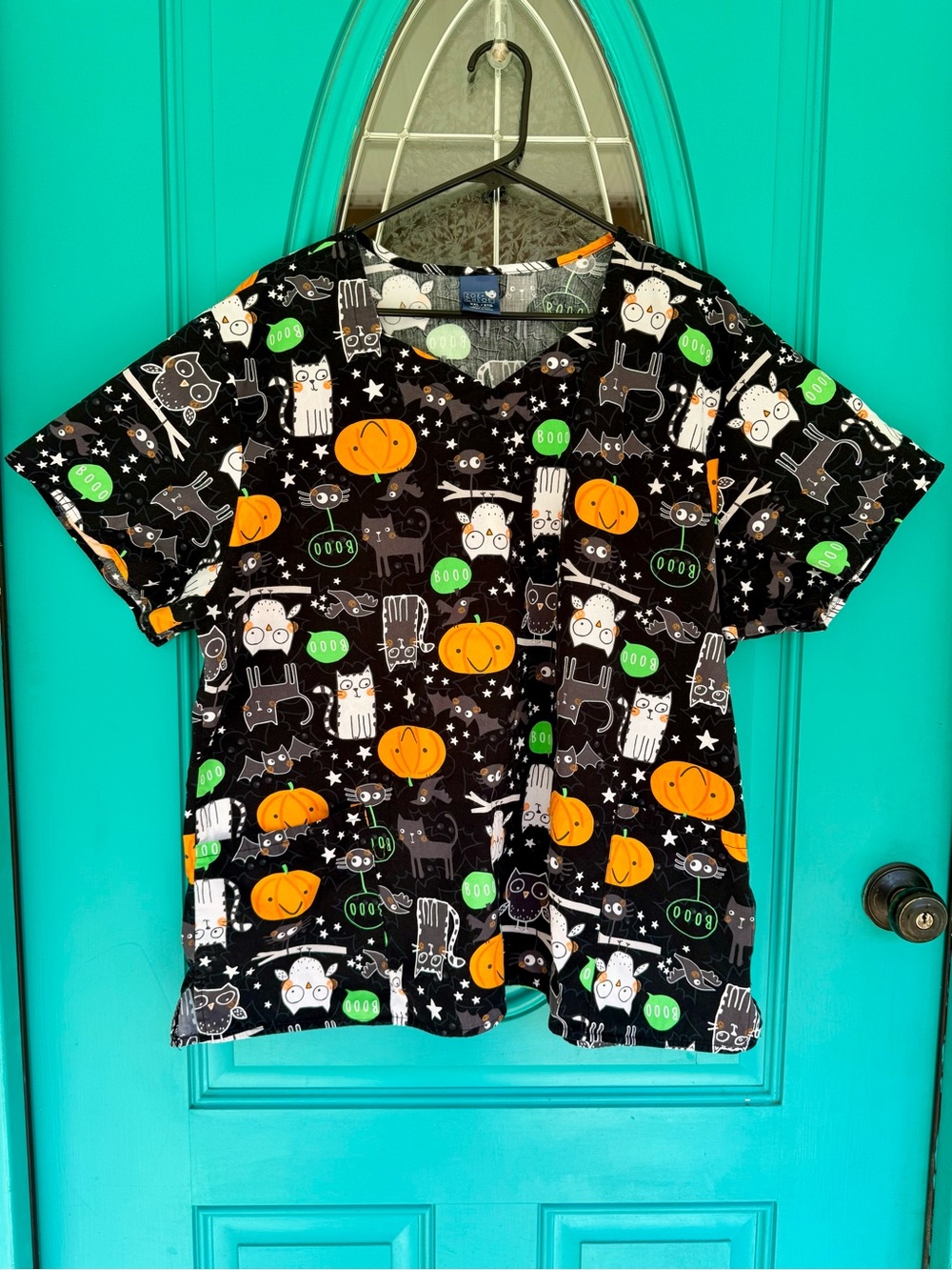 Halloween Pumpkin & Cat Scrub Top- Black/Orange/Green